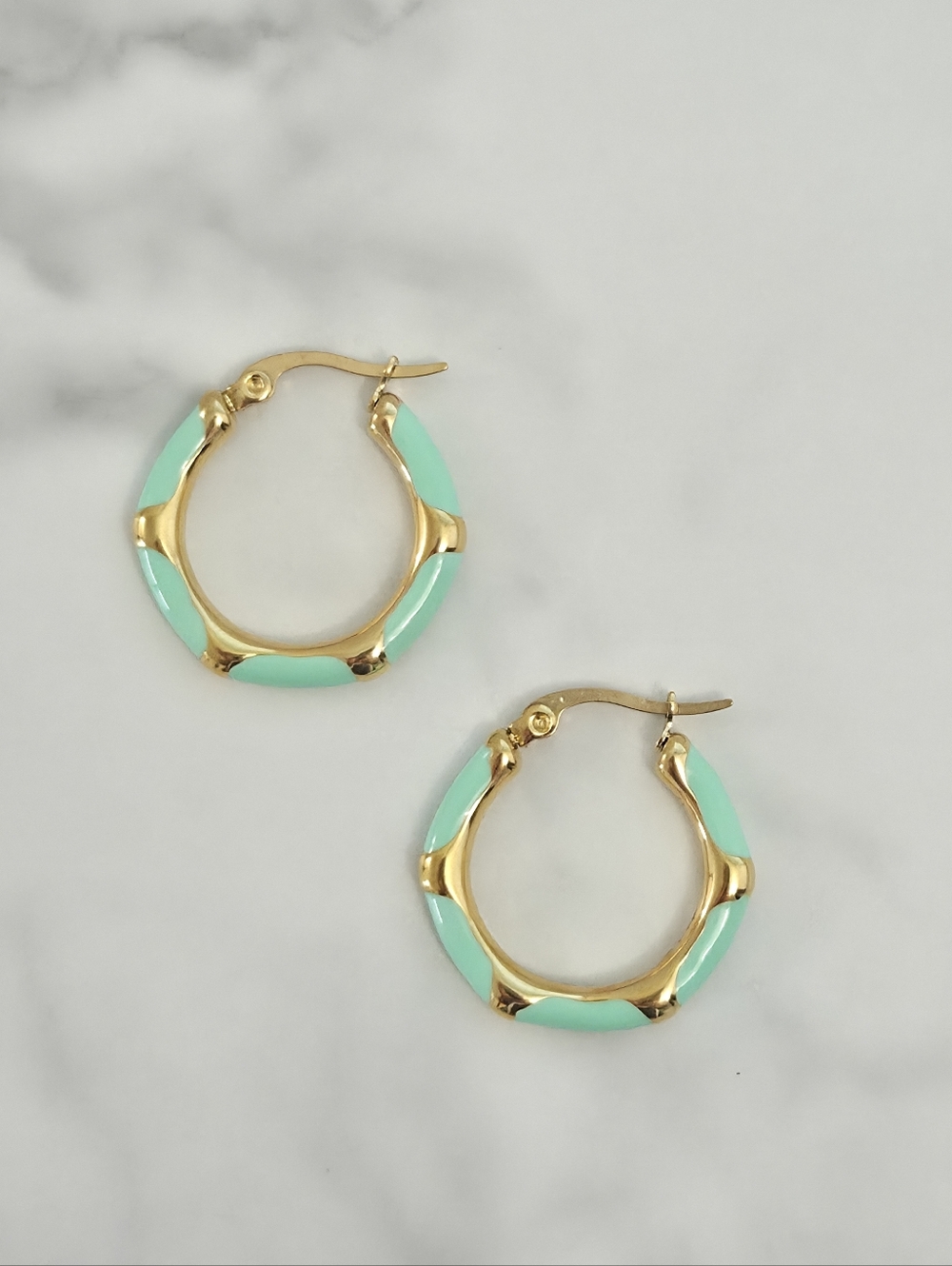 Gold & Vibrant Mint Green Enamel Bamboo Style Hoop Earrings Women Jewelry - Picture 4 of 10